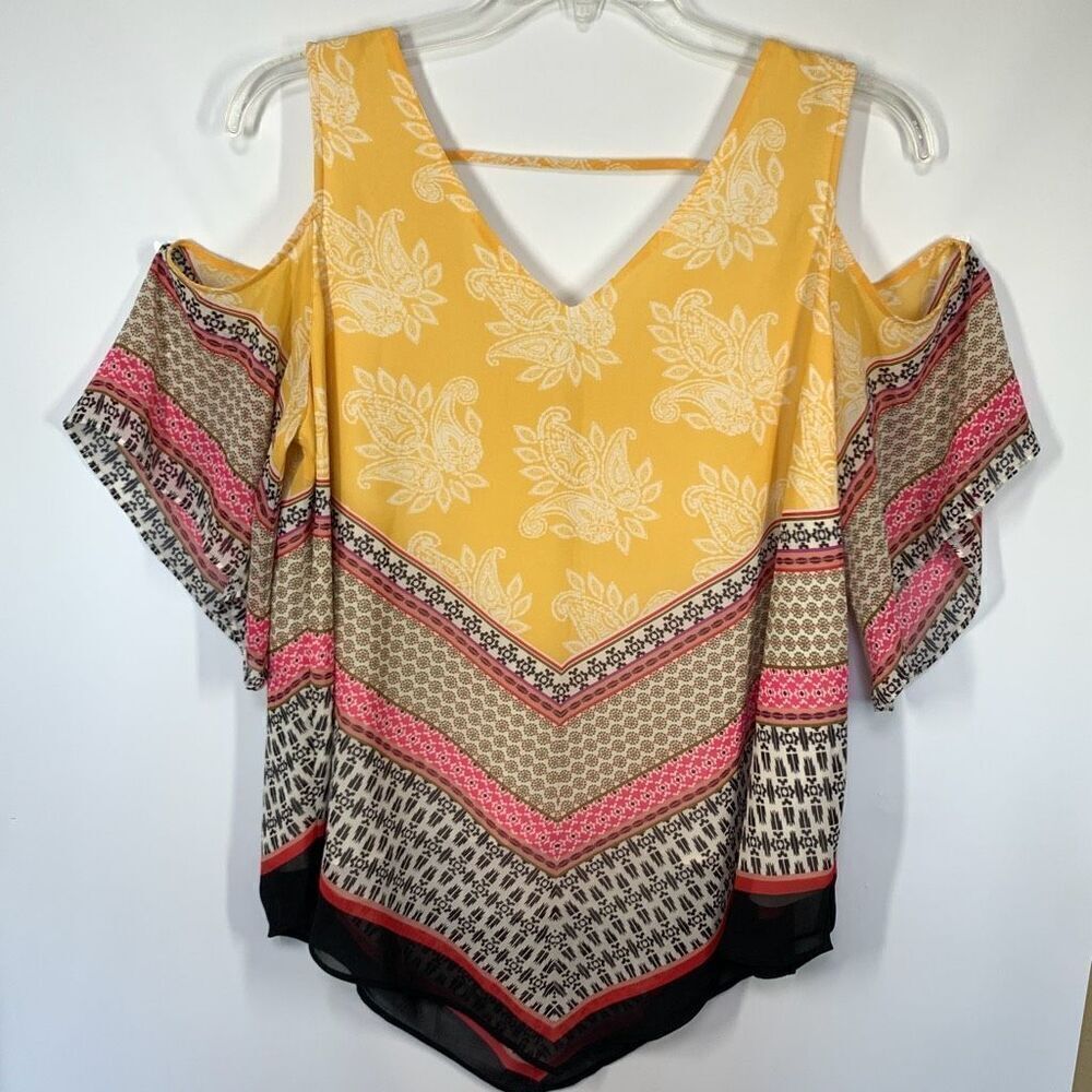 DR2 Women’s Paisley Pattern V-Neck Cold Shoulder Top Multicolor Size Small